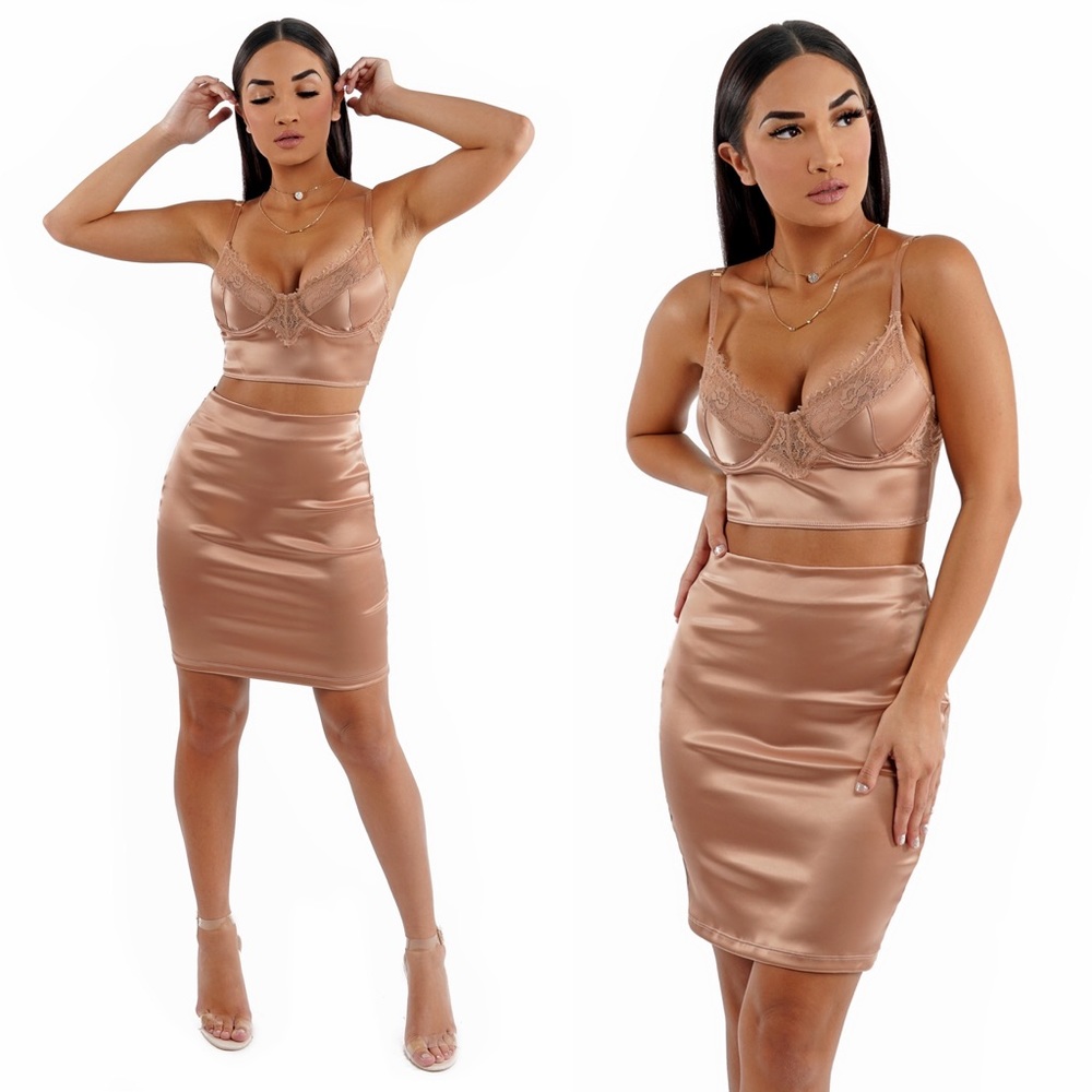Satin Lace Bralette Mini Skirt Set